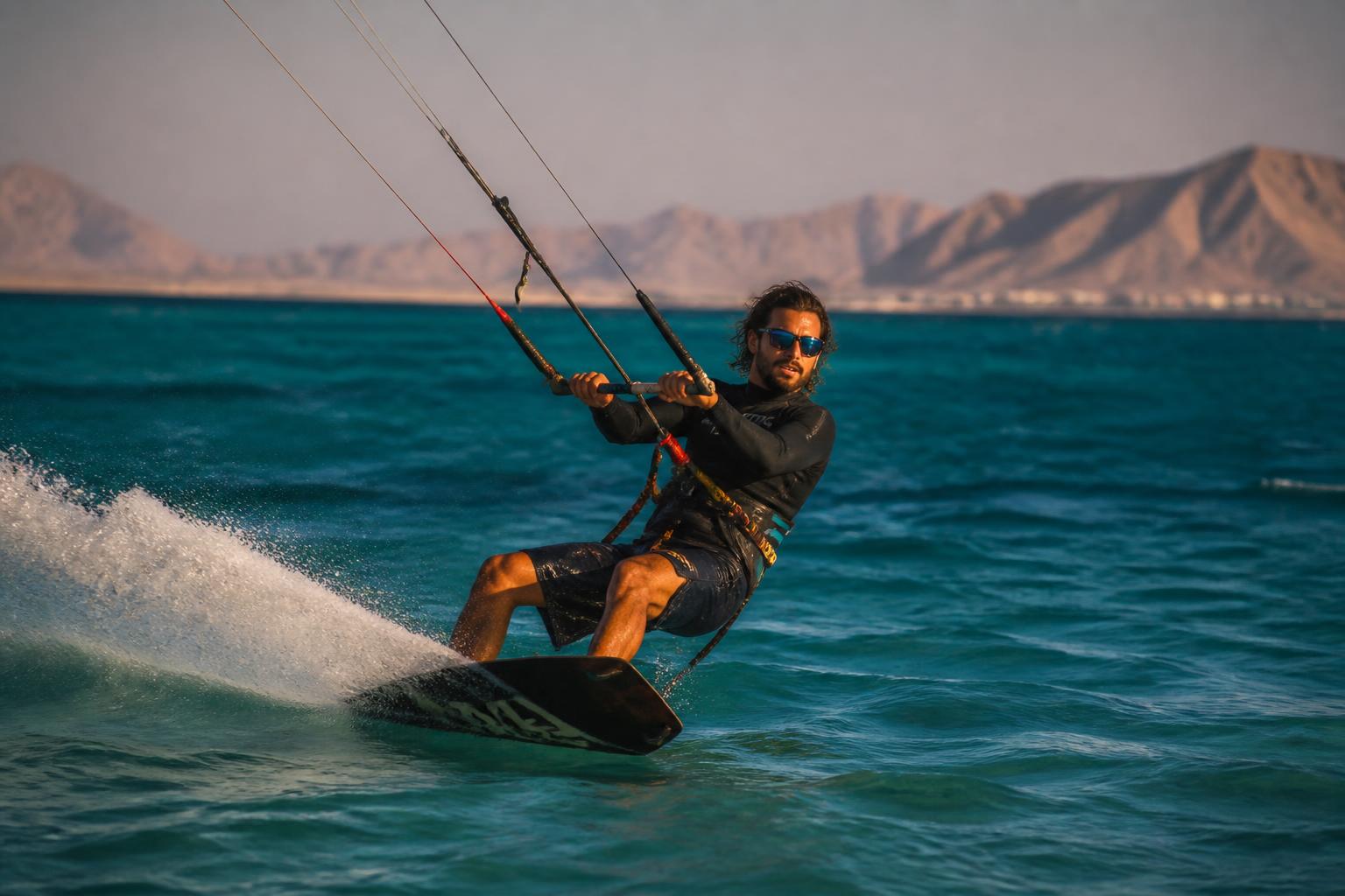 Kitesurfer beim Sprung über das türkisblaue Rote Meer vor Safaga
