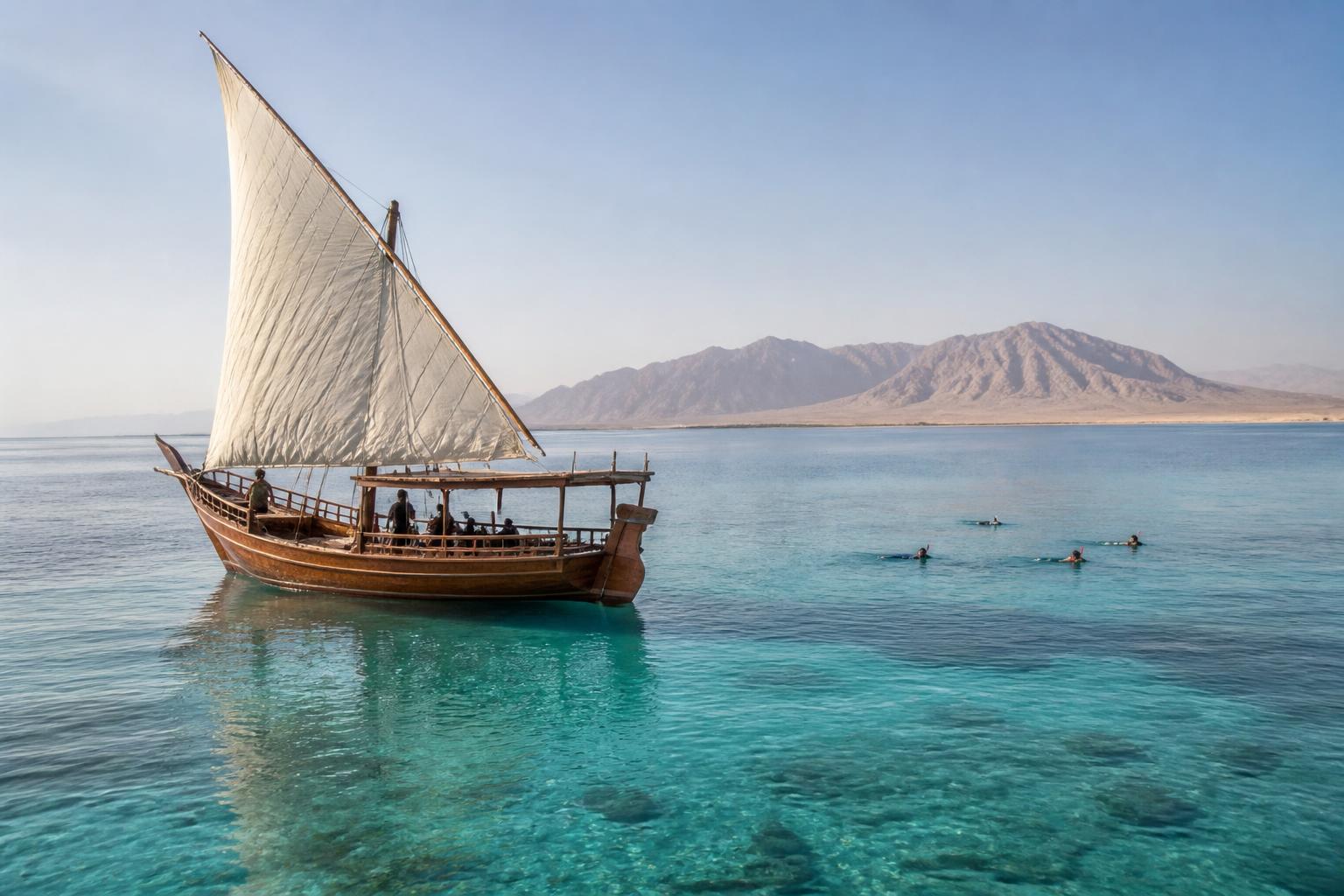 Traditionelles ägyptisches Dhow-Boot mit Schnorchlern im türkisblauen Wasser